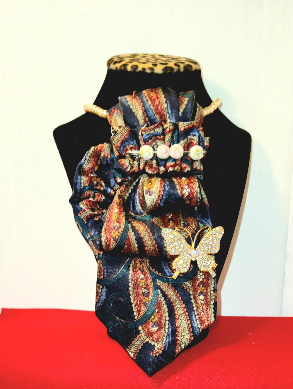 Paisley Hair Scarf with Pearl Band and Butterfly Pin - Navy Multi